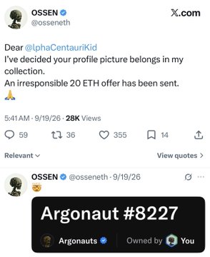 Screenshots of posts from X.com by user 'OSSEN @osseneth' offering '20 ETH' for @IphaCentauriKid's profile picture, with a second post showing an NFT titled 'Argonaut #8227'.