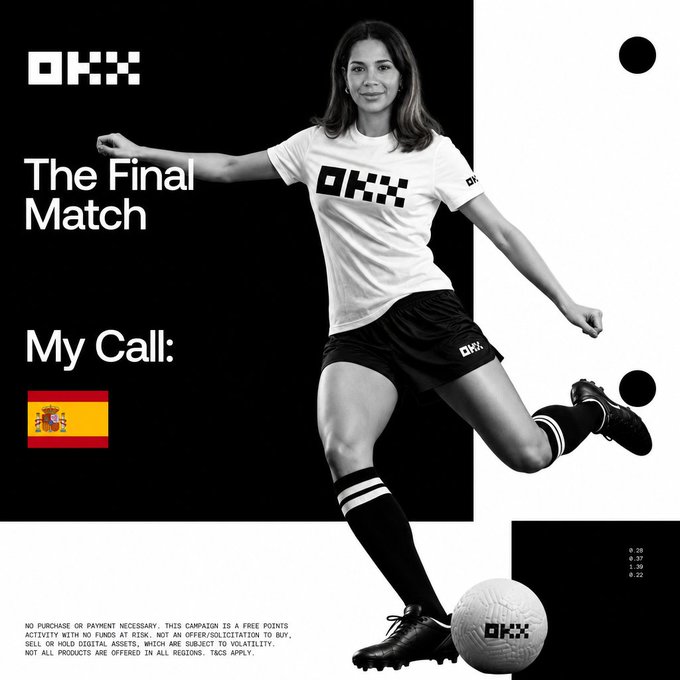 A black and white OKX promotional advertisement featuring a female soccer player in OKX branded attire, titled 'The Final Match' with 'My Call: Spain' and the Spanish flag.