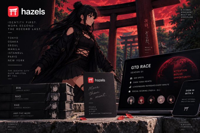 A stylized promotional graphic for "hazels" features an anime-style dark-haired character against a red torii gate backdrop, with text including "IDENTITY FIRST, WORK SECOND, THE RECORD LAST," city names like TOKYO and SEOUL, and a laptop displaying "GTD RACE."