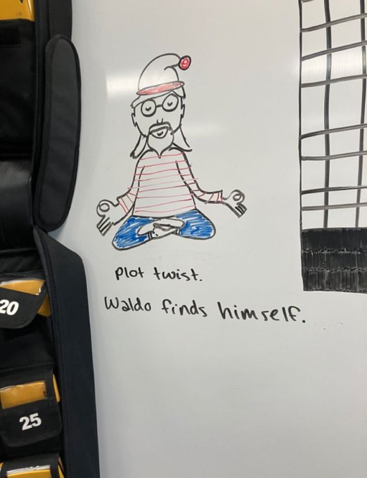 A hand-drawn whiteboard illustration of Waldo from 'Where's Waldo?' meditating, with the caption 'Plot twist. Waldo finds himself.'