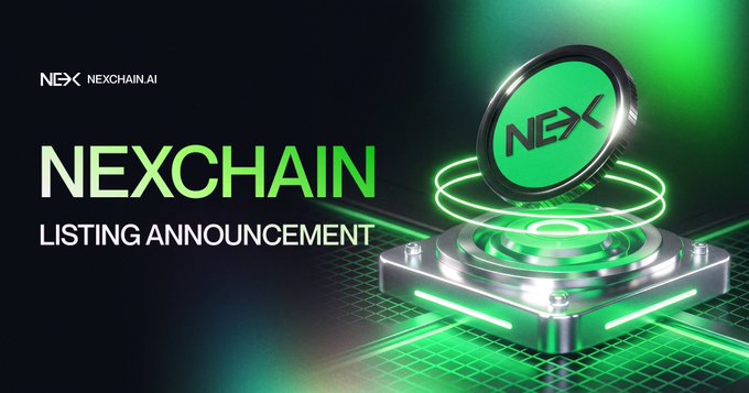 This image announces the upcoming listing of NEXCHAIN's $NEX token on five major exchanges. It visually represents the NEX coin on a futuristic platform, aligning with the post's theme of expansion and increased market presence.