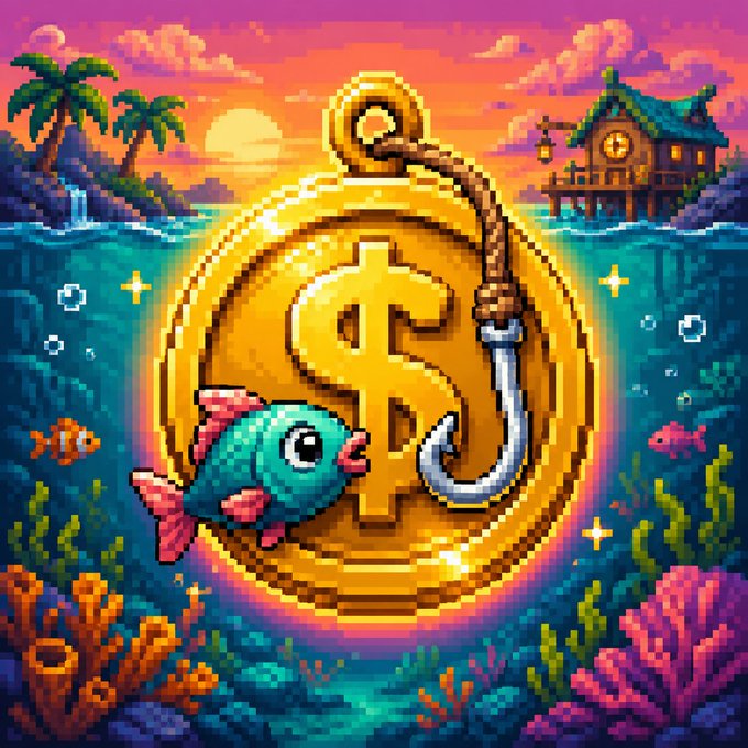 A pixel art image featuring a large golden coin with a dollar sign, a fishing hook, and a colorful fish in the foreground, set against a tropical sunset seascape with a thatched hut and underwater coral reefs—symbolizing the $CAST token launch tied to the Fishlands P2E game on Ronin.