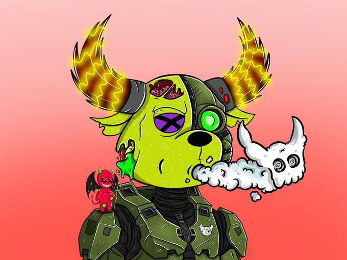 A green-skinned mutant creature with flaming yellow horns and a cybernetic eye exhaling a swirling smoke skull, wearing green armor and accompanied by a small red devil companion. The image embodies the post's "mutant Monday" theme with its cyberpunk-horror hybrid creature featuring exposed brain tissue and cybernetic enhancements.