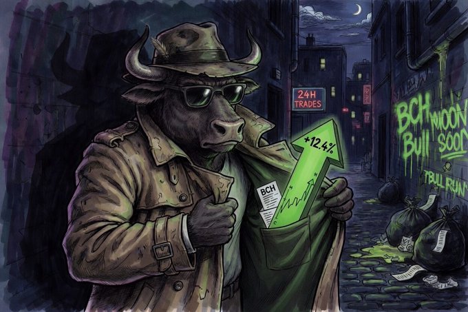 A creative illustration of a bull wearing a hat, sunglasses, and trench coat, holding a green upward arrow showing '+12.4%' in a dark alleyway with graffiti reading 'BCH MOON SOON' and 'BULLRUN', alongside a '24H TRADES' sign.
