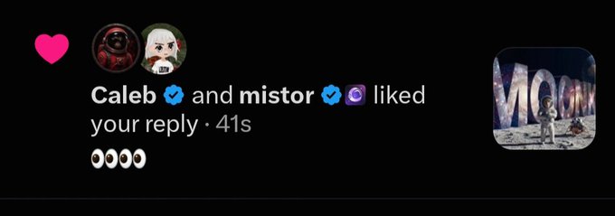 A social media notification showing that users 'Caleb' and 'mistørr' liked a reply containing four shocked face emojis.