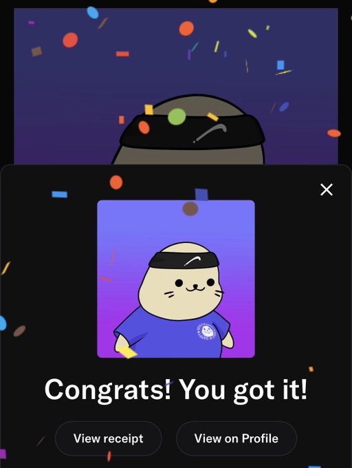 A screenshot of a digital celebration screen featuring a cartoon character wearing a headband, with confetti and the text 'Congrats! You got it!' along with buttons for 'View receipt' and 'View on Profile'.