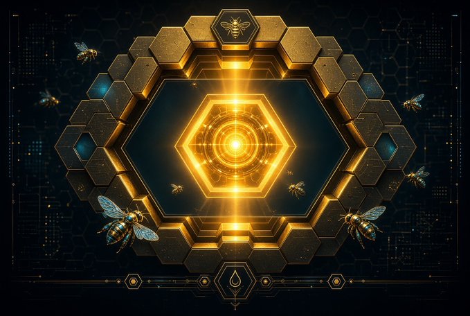 A digital artwork featuring a glowing golden hexagonal honeycomb structure surrounded by bees, with a bee icon at the top and a droplet symbol at the bottom on a dark background.