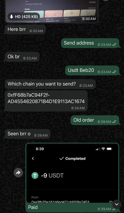 Screenshot of a WhatsApp chat showing a transaction with an address starting '0xff68b7aC94F2f-...', mentioning 'Usdt Bep20', and a completed transaction of '-9 USDT' from address '0xa3fb25e161b6ed471dd009a7453'.