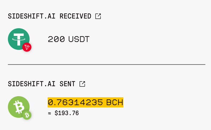 A Sideshift.ai transaction showing 200 USDT received and 0.76314235 BCH (≈ $193.76) sent.