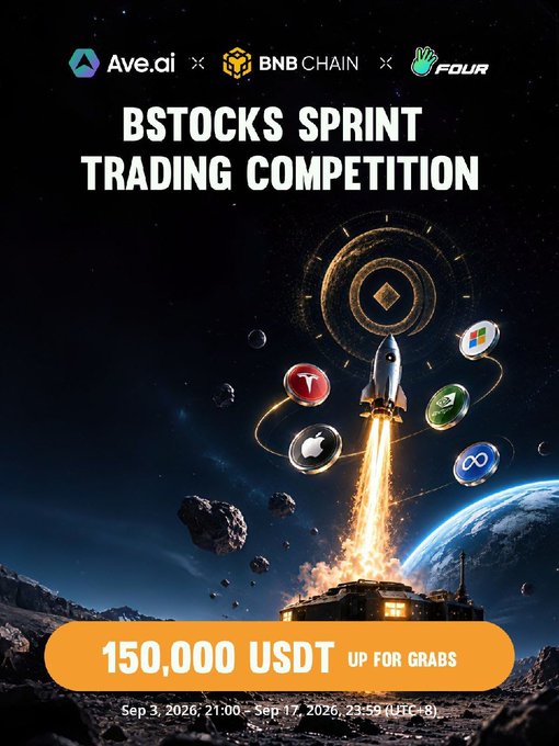 A promotional poster for the 'BSTOCKS SPRINT TRADING COMPETITION' presented by Ave.ai, BNB CHAIN, and Four, offering 150,000 USDT in prizes, running from Sep 3, 2026 to Sep 17, 2026, featuring a rocket launching with various stock/crypto logos.