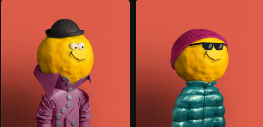 Two yellow smiley face figures styled as characters are shown side by side on a red background; the left one wears a black bowler hat and pink coat, while the right one wears a pink beanie, black sunglasses, and a teal puffer jacket.