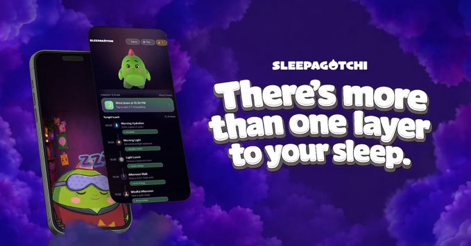 The image features two cell phones, one of which has a sleep timer app installed that encourages users to get 8 hours of sleep each night by rewarding them with points for achieving their goal. The other phone displays an advertisement for a game called "Sleeping Pots".