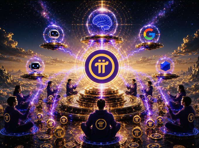 A vibrant digital artwork showing people in purple Pi Network hoodies meditating in a circle around a glowing golden Pi coin, with floating orbs containing tech logos and a brain above them.