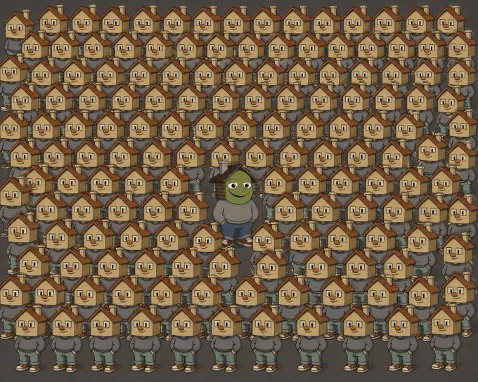 An illustration showing a grid of identical smiling cartoon characters with house-shaped heads, with one distinct green-headed character standing out in the center of the uniform crowd.