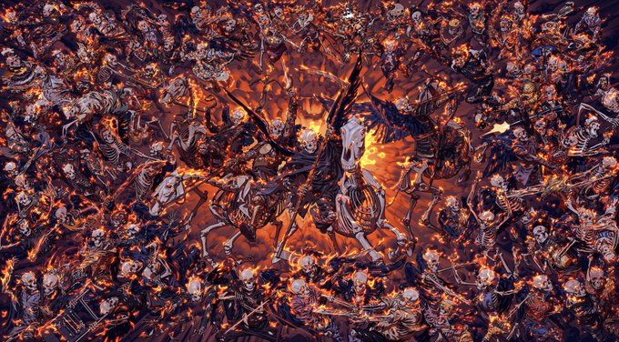A dark, fiery digital artwork depicting a chaotic scene with skeletal figures and winged demon-like creatures amid swirling flames and embers.