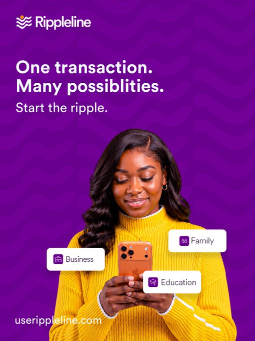 A 'Rippeline' promotional graphic with the text 'One transaction. Many possibilities. Start the ripple.' showing a smiling woman in a yellow sweater looking at her phone, with labels for Business, Education, and Family.