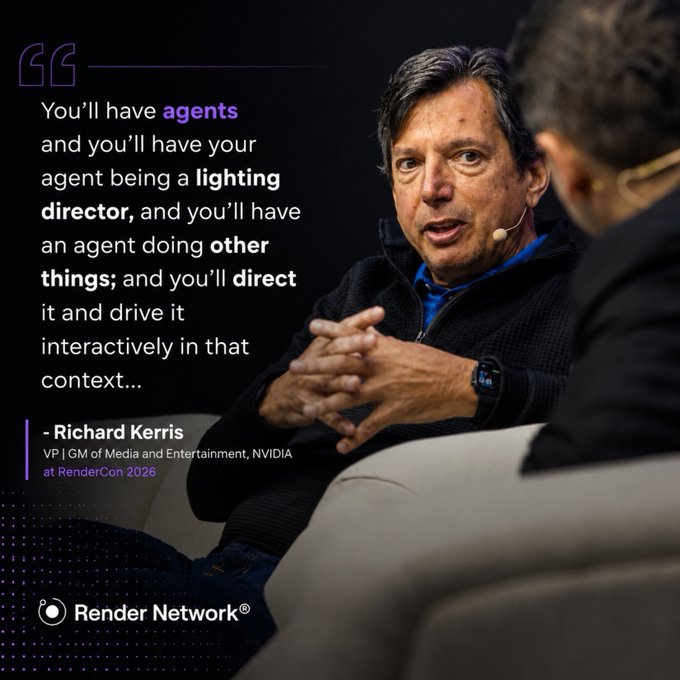 A promotional graphic featuring Richard Kerris, VP | GM of Media and Entertainment at NVIDIA, with a quote about AI agents and directing at RenderCon 2026, branded by Render Network.