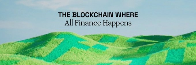 A promotional banner featuring green pixelated rolling hills under a blue sky with the text "THE BLOCKCHAIN WHERE All Finance Happens".