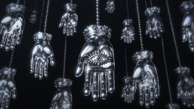 Silver robotic hands with crowns and eye symbols hang from chains, evoking the all-seeing "alpha" watchers in a trading discord. The imagery suggests the watchful eyes of insiders monitoring the chat for hidden market signals.