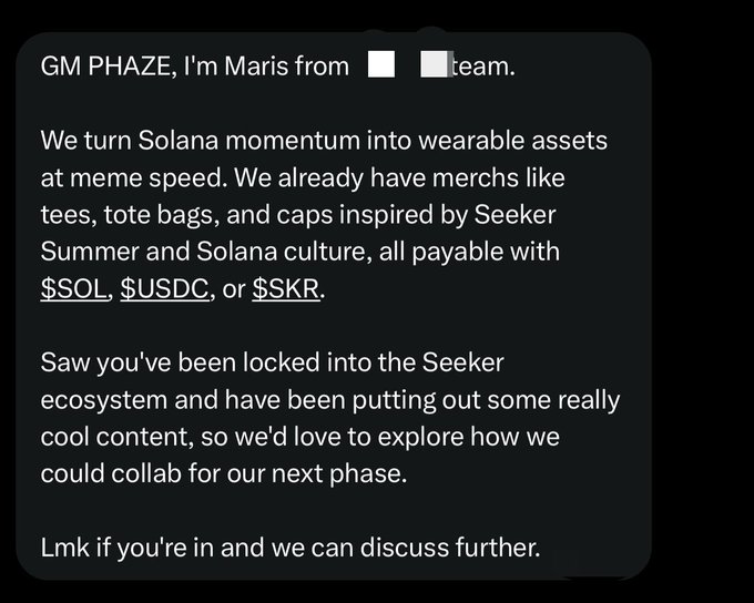 A message from 'Marlis' pitching a collaboration with PHAZE, mentioning they turn Solana momentum into wearable merchandise (tees, tote bags, caps) inspired by Seeker Summer and Solana culture, payable with $SOL, $USDC, or $SKR.