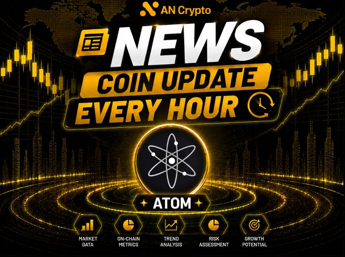 A black-and-gold AN Crypto promo reads “NEWS — COIN UPDATE EVERY HOUR” and features the Cosmos ($ATOM) logo, market charts, and analysis icons for market data, on-chain metrics, trends, risk, and growth. It accompanies a report that ATOM jumped 11% to $1.52, with $121M in open interest, $1.28M in short liquidations, and few long liquidations.