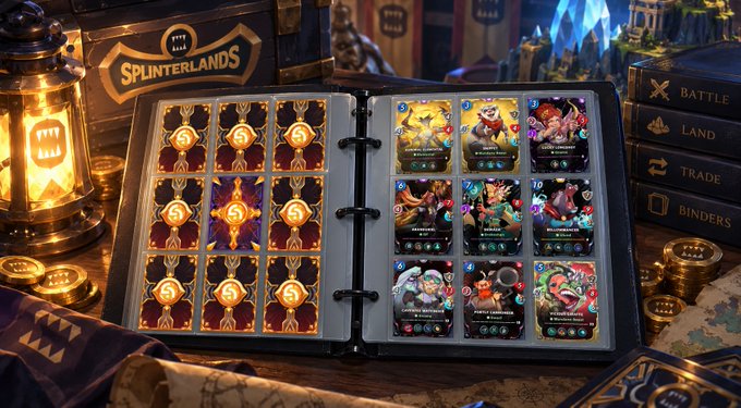 A Splinterlands collector's binder sits open on a wooden surface, displaying a 3x3 grid of foil card sleeves on the left page and nine colorful game cards on the right, including "Pelacor Conviction," "Kripthor Quicken," and "Lamak." To the right, a stack of labeled binders reads "BATTLE," "LAND," "TRADE," and "BINDERS," while an ornate lantern glows warmly in the background next to a Splinterlands-branded chest.