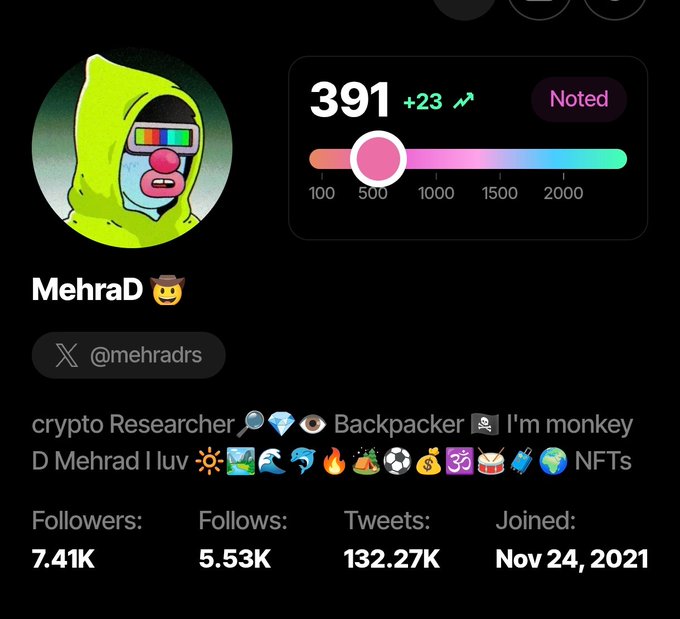 A Twitter/X profile screenshot for 'MehraD' (@mehradrs) showing 7.41K followers and a follower score of 391, with a bio including crypto-related emojis and NFT references.
