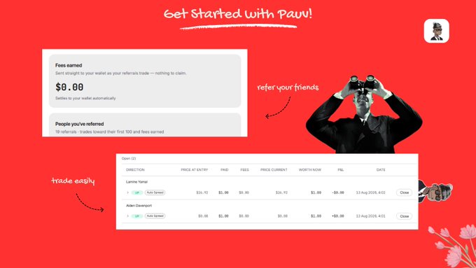 A website screenshot titled 'Get Started with pavu!' featuring a red background, sections for 'Fees earned' ($0.00) and 'People you've referred', a trading table listing 'Lammie Yenal' and 'Aiden Davenport', and decorative collage elements with handwritten labels 'refer your friends' and 'trade easily'.