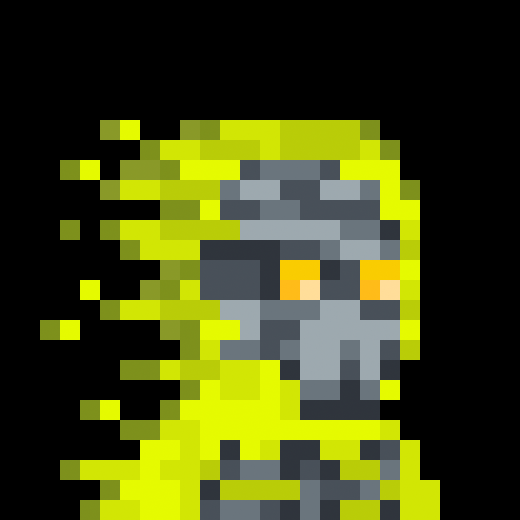 A pixel art illustration of a hooded figure in a yellow hazmat-style suit with a gas mask and orange goggles, with green pixelated particles trailing from one side.