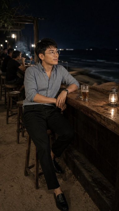 A young man in a light blue button-up shirt and glasses sits at a wooden bar counter at night, with a glass of beer and a candle beside him against a beachside backdrop.