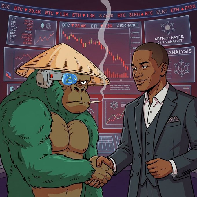 A cartoon illustration of a gorilla in a straw hat and VR headset shaking hands with a man in a suit, set against screens showing BTC, ETH, RIOX prices, charts, and the name 'ARTHUR HAYES, CEO & ANALYST'.