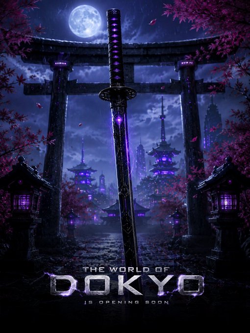 A katana adorned with glowing purple gems stands prominently before a traditional Japanese torii gate and pagodas, with cherry blossoms framing the scene under a full moon. The text "THE WORLD OF DOKYO IS OPENING SOON" appears at the bottom, tying the cinematic fantasy imagery to the announcement of the new world and the Japanese word "度胸" (meaning courage), suggesting a world of bravery and power.