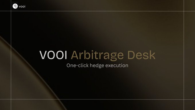 Promotional banner for 'VOOI Arbitrage Desk' with the tagline 'One-click hedge execution' displayed against a dark, sleek background with gold accents.