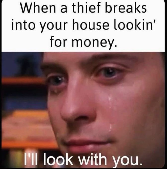 A meme featuring a close-up of a crying face with text reading 'When a thief breaks into your house lookin' for money.' at the top and 'I'll look with you.' at the bottom.