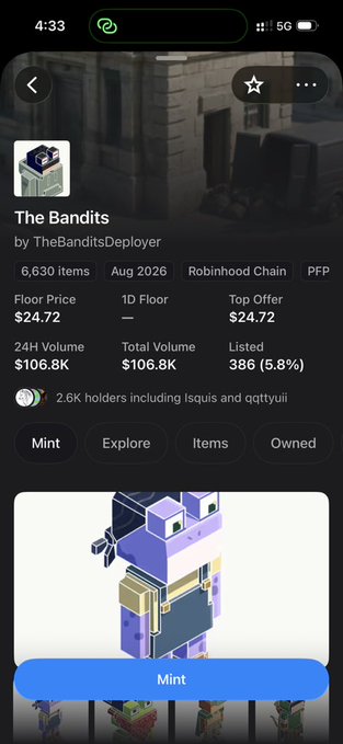 The screenshot shows the NFT collection page for "The Bandits" by TheBanditsDeployer on the Robinfin Chain, displaying a floor price of $24.72, a top offer of $24.72, and 2.6K holders. The accompanying post celebrates claiming the @playbandits NFT via holding $h00dle, with the "Mint" button visible suggesting the user is about to acquire one of these 3D-rendered bandit character NFTs.