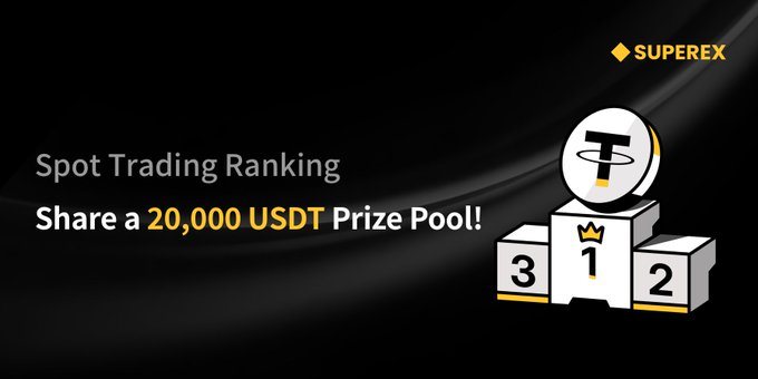 A promotional banner for SuperEx announces a "Spot Trading Ranking" event where traders can share a 20,000 USDT prize pool, featuring a graphic of a winner's podium with a USDC-style coin and the SuperEx logo. The design visually reinforces the trading competition and reward tiers highlighted in the accompanying post.