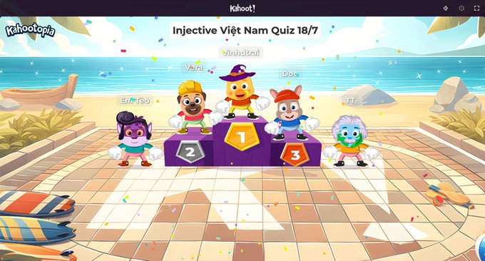 A Kahoot! quiz results screen titled 'Injective Việt Nam Quiz 18/7' showing podium positions 1-3 with cartoon avatars.