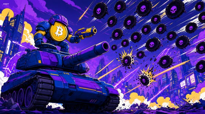 A Bitcoin-themed robot atop a tank fires at incoming circular projectiles with skull symbols, visually representing the struggle of Bitcoin and its miners against threats. The text "ANKDY" is visible in the top left corner.