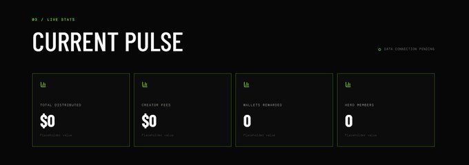 A dashboard titled 'CURRENT PULSE' showing 'V3 / LIVE STATE' with all metrics at zero including 'TOTAL DISTRIBUTED $0', 'CREATOR FEES $0', 'WALLETS REWARDED 0', and 'HERO MEMBERS 0'.