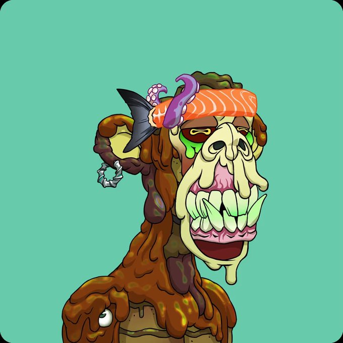 A cartoon illustration of a grotesque, decaying creature with a skull-like face, green drool, and a piece of sushi on its head against a teal background.