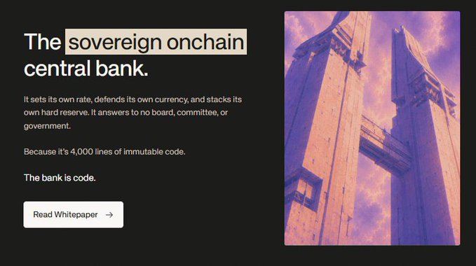 Promotional webpage titled 'The sovereign onchain central bank' describing a self-governing protocol with a 'Read Whitepaper' button.