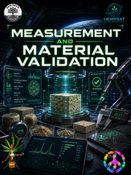 A promotional graphic titled 'MEASUREMENT AND MATERIAL VALIDATION' featuring a glowing cube sample, scientific data displays, a robotic arm, and logos for HEMPSAT.