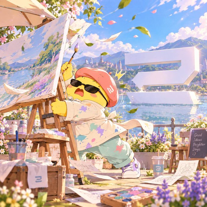 A cheerful cartoon yellow character wearing sunglasses and a paint-splattered apron stands at an easel, painting a landscape with a large "2" and the note "Good Ideas Brighter Days :-)" nearby.