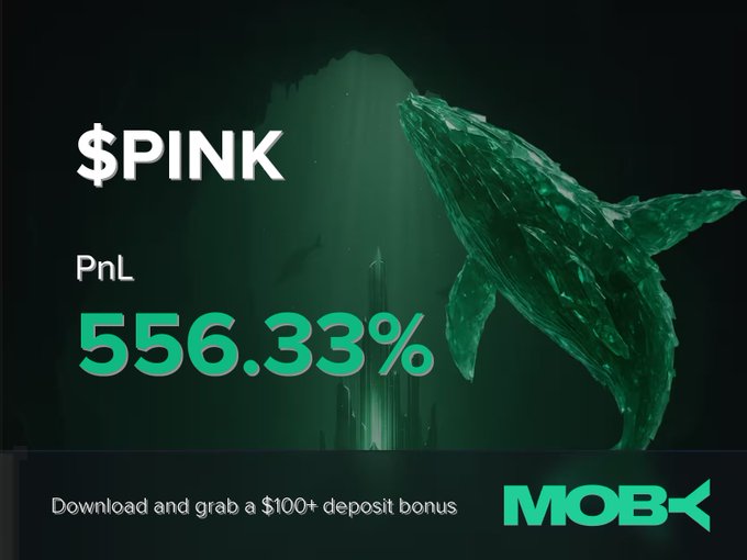 A dark promotional graphic for Moby features a 3D-rendered whale emerging from green-tinted underwater lighting alongside bold text highlighting "$PINK" with a remarkable "PnL 556.33%," perfectly illustrating the win alert about a trader closing a highly profitable position on the Moby mobile platform.