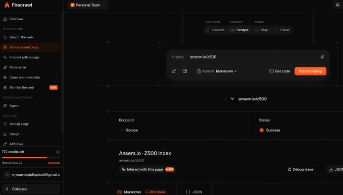 A screenshot of the Firecrawl web platform showing a successful scrape of ansem.io/Z500.