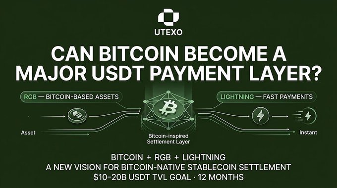 A UTEXO promotional graphic asking "CAN BITCOIN BECOME A MAJOR USDT PAYMENT LAYER?" highlighting RGB assets and Lightning fast payments, with a goal of $10-20B USDT TVL in 12 months.