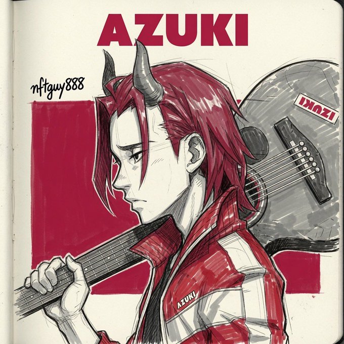 An anime-style sketch shows a red-haired character with horns carrying a guitar over his shoulder, with the text "AZUKI" prominently displayed at the top, "nftguy888" in the upper left, and "IZNZO" on the guitar. The artwork captures the edgy, cool vibe referenced in the post, embodying Azuki's standout aesthetic appeal.