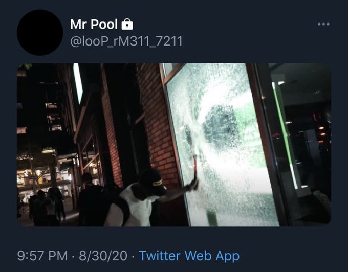 A screenshot of a tweet from user "Mr Pool" (@looP_rM311_7211) dated 8/30/20 shows a nighttime scene of someone smashing a large glass storefront window with what appears to be a tool, apparently illustrating the post's commentary about unrest potentially preceding an XRP price movement ("breaking point before XRP Explodes").