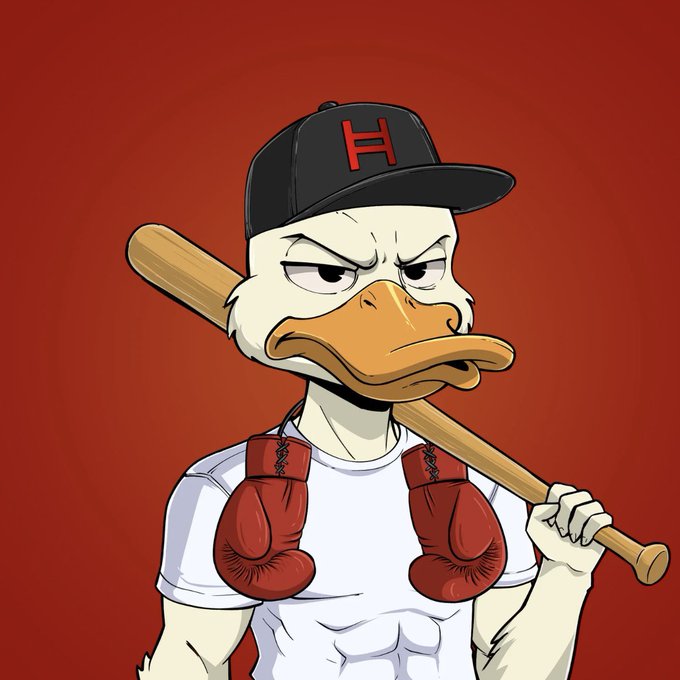 A 2D cartoon illustration features an anthropomorphic duck with a grumpy expression, wearing a black baseball cap with a red 'H', a white t-shirt, and red boxing gloves, while holding a wooden baseball bat.
