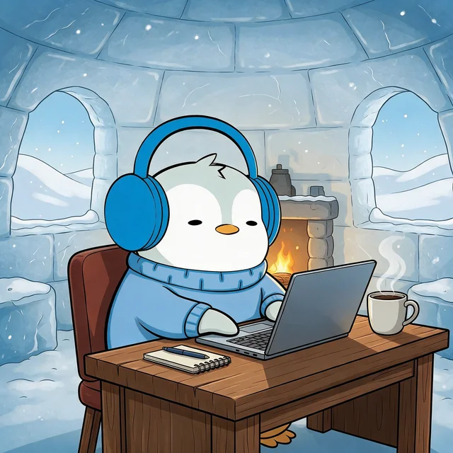 A cartoon illustration of a penguin wearing blue headphones and a blue sweater, sitting at a wooden desk using a laptop with a notebook and steaming coffee mug nearby, set inside an igloo with a lit fireplace.